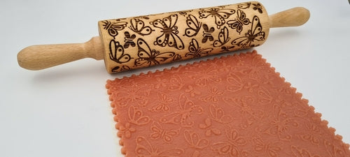 Engraved Rolling Pin Natural Wood Folk Kitchen Handmade - Butterflies