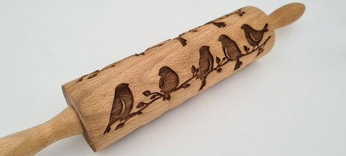 Engraved Rolling Pin Natural Wood Folk Kitchen Pins Handmade - Birds