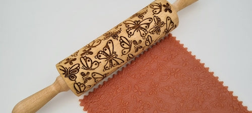 Engraved Rolling Pin Natural Wood Folk Kitchen Handmade - Butterflies