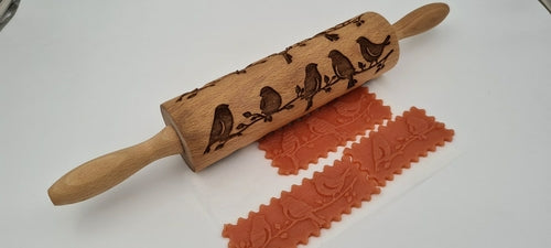 Engraved Rolling Pin Natural Wood Folk Kitchen Pins Handmade - Birds