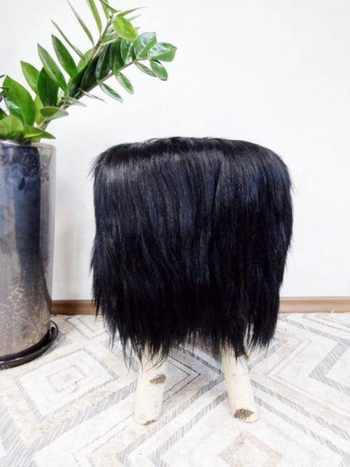 Birch wood & Black Sheepskin Ottoman